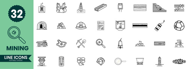 Mining Line Icons Set Excavation, Geology, Minerals, Tools, Equipment & Industry Symbols