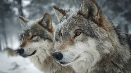 Obraz premium Enchanting portrait of two wolves in the snowy wilderness evokes a sense of wild beauty and untamed freedom with their striking fur