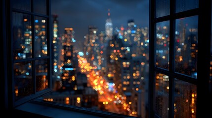 Obraz premium View of a vibrant city skyline at night through large glass with illuminated streets and skyscrapers in a high-rise building