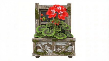 A rustic wooden window box overflowing with vibrant red geranium flowers