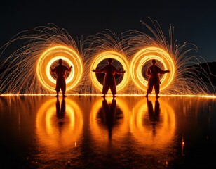Three figures perform a traditional Korean dance at night. They spin creating glowing orange light trails on water. Reflections shimmer across the dark surface, highlighting movement and ritual.