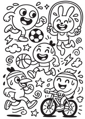 Fototapeta premium Happy children playing soccer, basketball, jump rope, and riding bicycle, cartoon style