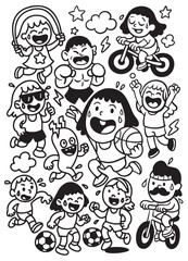 Children playing, jumping, cycling, and laughing together, joyful outdoor activity