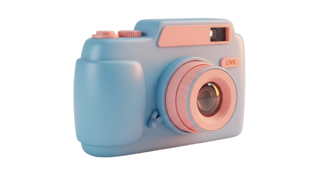 Pastel blue and peach toy camera PNG isolated on transparent background, cute photography equipment for kids and creative projects