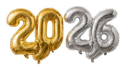Sparkling gold and silver balloons proudly display the year 2026 for festive celebrations and future planning