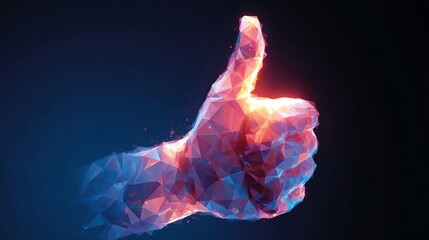 Innovative thumbs up gesture symbolizing success, approval and achievement with glowing futuristic polygonal design aesthetic on dark background