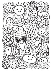 Summer doodle ice cream popsicle pineapple crab turtle watermelon happy fun