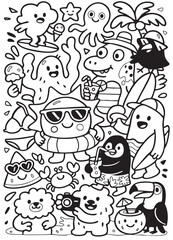 Naklejka premium Summer beach cartoon, animal, fruit, and ice cream, joyful, playful, black and white illustration
