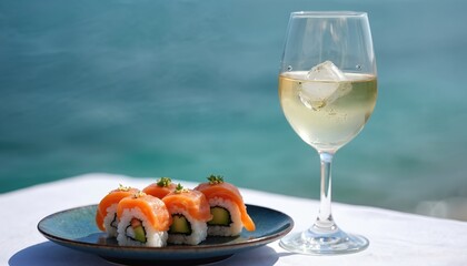 Sushi rolls with salmon, avocado on blue plate, paired with chilled glass of white wine on white tablecloth. Beautiful ocean view in background. Salmon sushi, white wine with ice, served on