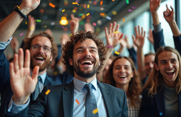 Office team celebrates a success with confetti. Group of diverse workers raise hands. People are laughing smiling and looking happy. They are having a fun time.