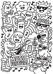 Happy cartoon animals, people, sun, and clouds celebrate music festival with instruments