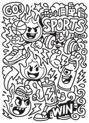 Sports doodle with energetic cartoon flames, basketball, sneaker, dumbbell, water bottle, city