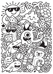 Naklejka premium Summer cartoon black and white doodle happy beach animal fruit tropical fun playful