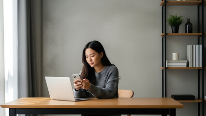 A young Asian professional working remotely from her modern home office, taking a moment to check her smartphone messages