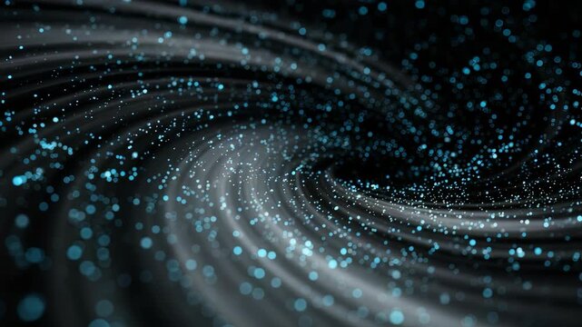 Dynamic spiral of luminous blue dots forms a captivating vortex effect against a black backdrop. Ideal for illustrating concepts of space, energy, or digital innovation in modern visuals