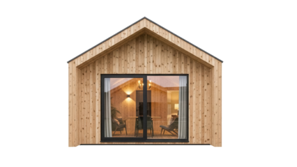 Modern wooden cabin isolated PNG, minimalist architecture with large window on transparent background, contemporary design for architectural projects