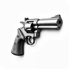 Detailed sketch of a chrome revolver pistol. Vintage handgun on white background. Old steel weapon with wooden handle. Crime, danger, violence symbol.