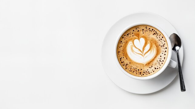 Coffee cup with latte art on white background top view