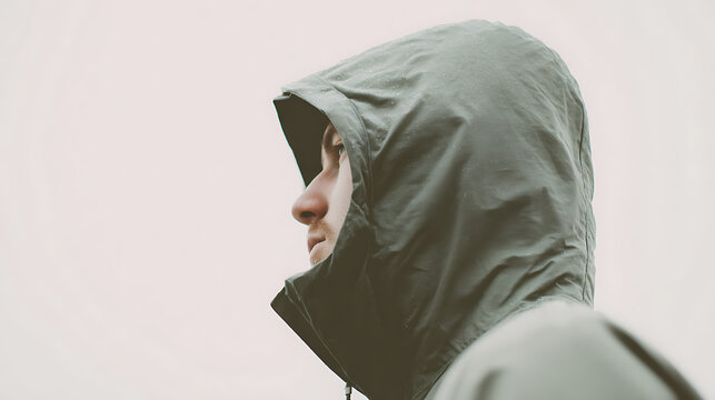 Pensive individual in a hooded jacket, captured in a contemplative pose. The subdued tones and close-up composition add to the introspective atmosphere. #Portrait #HoodedFigure