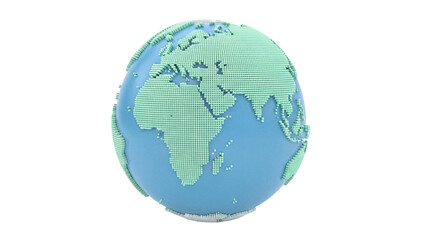 Pixelated Earth globe isolated PNG on transparent background, stylized world map with continents and oceans for graphic design
