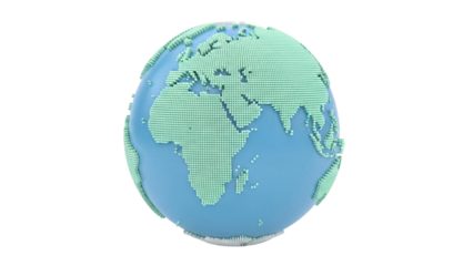 Pixelated Earth globe isolated PNG on transparent background, stylized world map with continents and oceans for graphic design