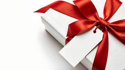 blank white christmas gift tag with red ribbon bow isolated on white or transparent background