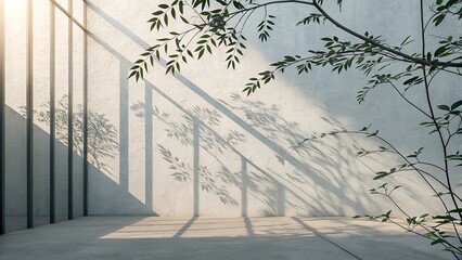 Soft Overlapping Plant Stem Shadows on Pale Grey Wall
