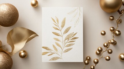 Elegant golden botanical sketch perfect for upscale invitations and holiday greetings with gold ribbon and ornaments accents