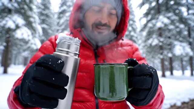 Man In Red Puffer Jacket Pours Hot Drink From Silver Thermos Into Green Mug Surrounded By Snowy Forest Trees Wearing Black Gloves And Grey Beanie Steam Rising From Mug