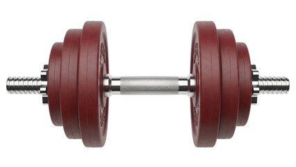 Adjustable dumbbell with red plates isolated PNG, fitness equipment for strength training and bodybuilding on transparent background