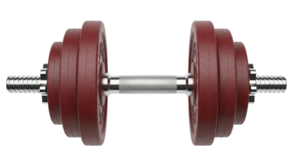 Adjustable dumbbell with red plates isolated PNG, fitness equipment for strength training and bodybuilding on transparent background