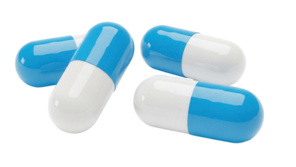 Blue and white capsule pills isolated PNG, pharmaceutical medication for healthcare and treatment on transparent background