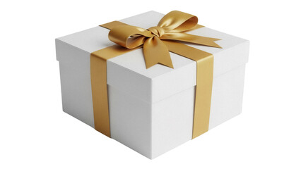 Elegant white gift box with golden ribbon and bow isolated PNG, present for special occasions and holidays on transparent background