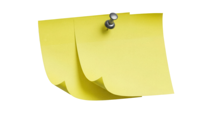 Two yellow sticky notes pinned together PNG isolated on transparent background, reminder notes for office or personal use