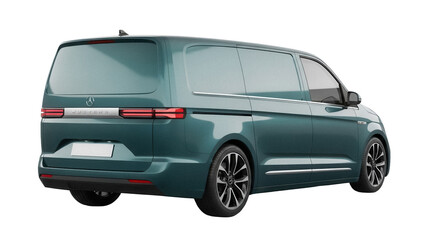 Modern green van isolated PNG, rear view of a futuristic electric vehicle for sustainable transportation and eco-friendly mobility