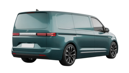 Modern green van isolated PNG, rear view of a futuristic electric vehicle for sustainable transportation and eco-friendly mobility