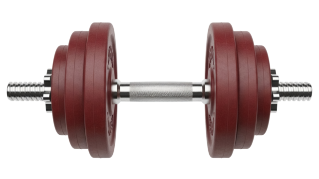 Adjustable dumbbell with red plates isolated PNG, fitness equipment for strength training and bodybuilding on transparent background