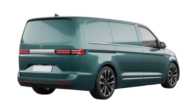 Modern green van isolated PNG, rear view of a futuristic electric vehicle for sustainable transportation and eco-friendly mobility