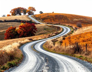Winding gravel road ascends a hill through autumn landscape with golden and red foliage