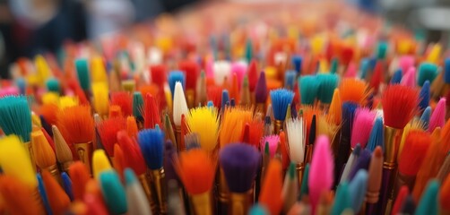 Heap of colorful paintbrushes ready for use in art projects. Tools for painting displayed at craft fair or workshop. Variety of brushes for different artistic styles.