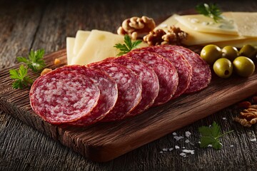 Salami, cheese, olives, and walnuts arranged on a wooden board.