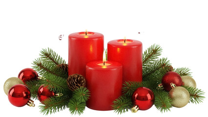 Festive red Christmas candles isolated PNG, adorned with pine branches, pinecones, and ornaments for holiday decorations on transparent background