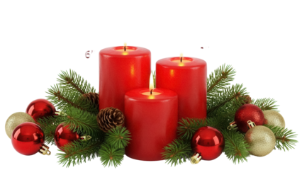 Festive red Christmas candles isolated PNG, adorned with pine branches, pinecones, and ornaments for holiday decorations on transparent background