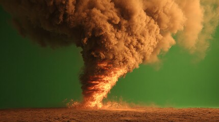 Powerful inferno tornado on desolate landscape against green backdrop showcasing nature's destructive force and environmental impact