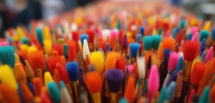 Heap of colorful paintbrushes ready for use in art projects. Tools for painting displayed at craft fair or workshop. Variety of brushes for different artistic styles.