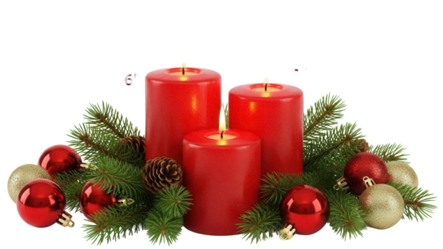 Festive red Christmas candles isolated PNG, adorned with pine branches, pinecones, and ornaments for holiday decorations on transparent background - Powered by Adobe