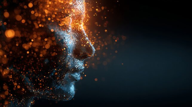 Futuristic face dissolving into glowing particles, representing innovation, artificial intelligence, and human technology interface concepts