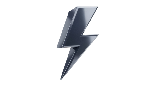 Metallic lightning bolt PNG isolated on transparent background, 3D render of energy symbol for graphic design and web use