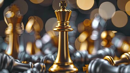 A golden king chess piece stands in focus surrounded by a chaotic jumble of fallen silver and gold pieces against a dark bokeh background