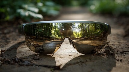 See the world differently through reflective sunglasses amidst nature's beauty and sunlight on a dirt path, showcasing adventure